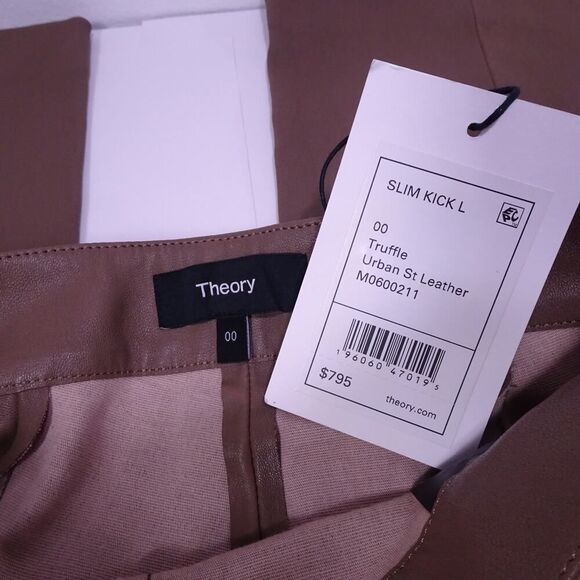 Theory Women's Slim Kick L Urban St Leather Pants Truffle Sz 00 NWT 795 - Picture 7 of 11